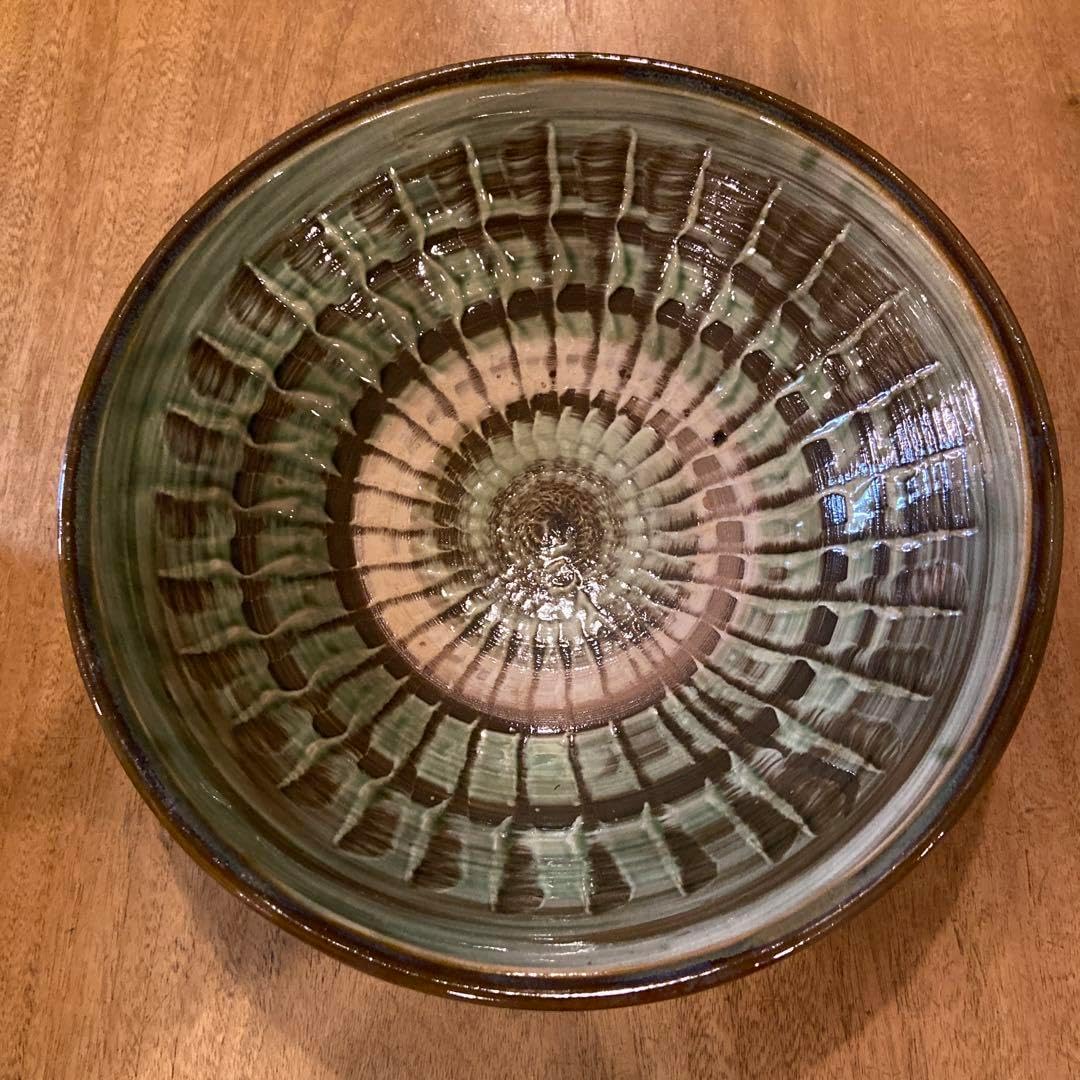 小鹿田焼 おんた焼 飴釉 緑釉 打ち掛け 流し釉 双耳広口 壺 花器 小